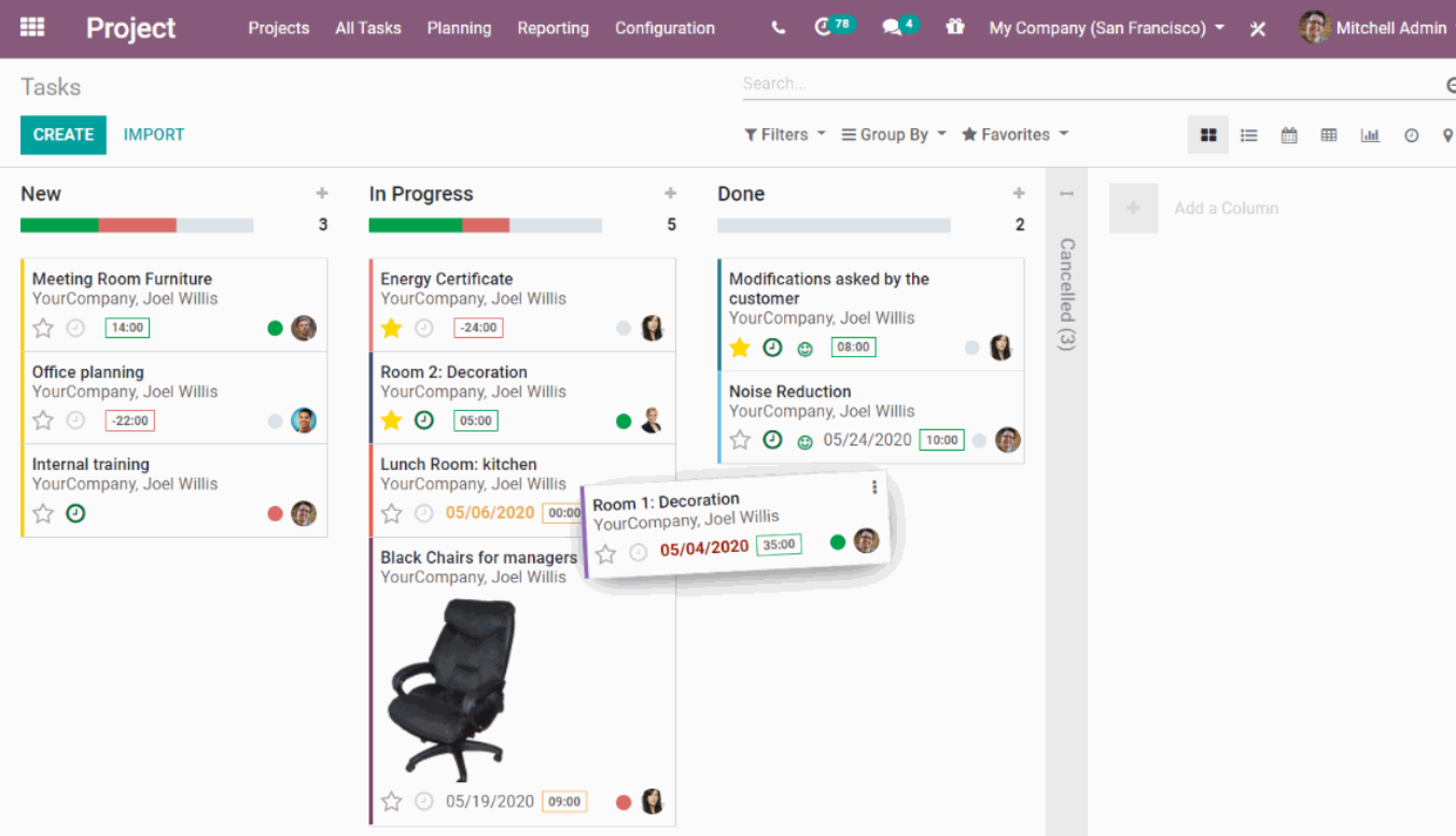 odoo project management showing the management of various tasks in a kanban view