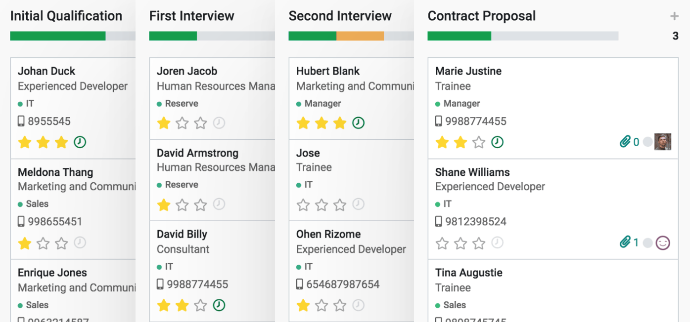 odoo recruitement screen displaying the various stages of recruitment in an enterprise