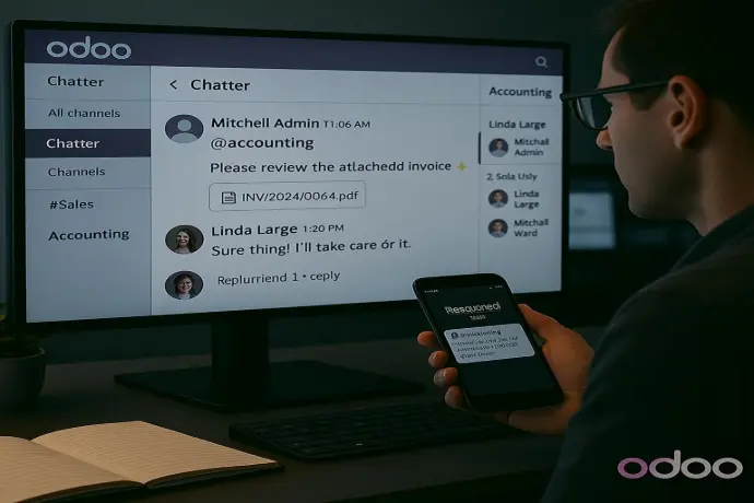 Role Mentions (@accounting)  Mention departments in the chatter and keep everyone aligned instantly. Tag user groups by role and streamline internal communication within Odoo’s chatter. An operations manager mentions “@accounting” to notify the entire finance team of a pending purchase order requiring approval.
