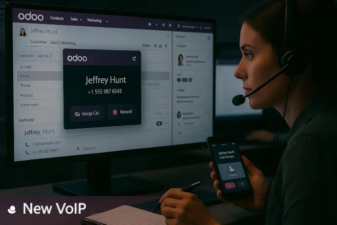 New VoIP UI – Includes caller ID, call merge, recording functions, and visual logs. Handle calls more efficiently with a redesigned VoIP interface featuring Caller ID, call merging, and recording. A customer service rep sees caller history, records a support call, and merges with a supervisor—all from the VoIP panel.