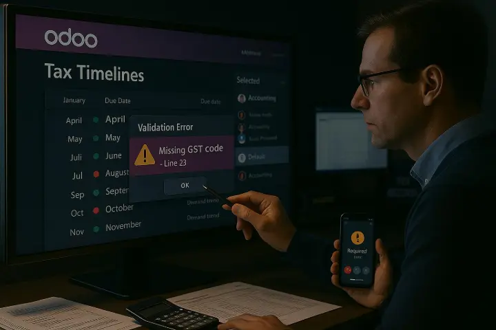 Tax Timelines & Validation Checks Visualise due dates and flag compliance issues in real time.    Never miss a return date with timeline views and in-app validations. Imagine a manufacturing accountant receives a real-time alert about a missing GST code before lodging quarterly BAS, avoiding penalties.