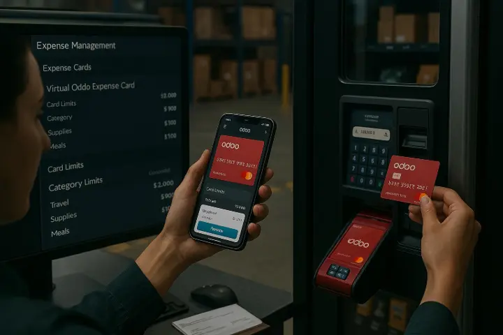 Virtual & Physical Expense Cards Empower employees with spending limits, digital and physical cards.    Control staff expenses with category-specific limits and usage visibility. Imagine a floor supervisor uses a physical Odoo card at a local supplier while a procurement officer sets spending limits and approvals remotely.