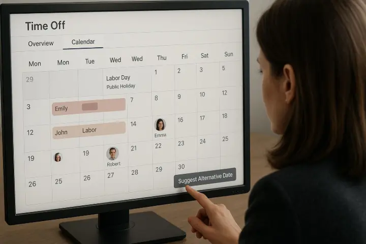 Redesigned Time Off Module View and manage leave requests more intuitively.    See availability, overlap, and public holidays at a glance. Imagine a shift planner in a tool manufacturing company balances overlapping annual leave during a peak production week, using smart suggestions.