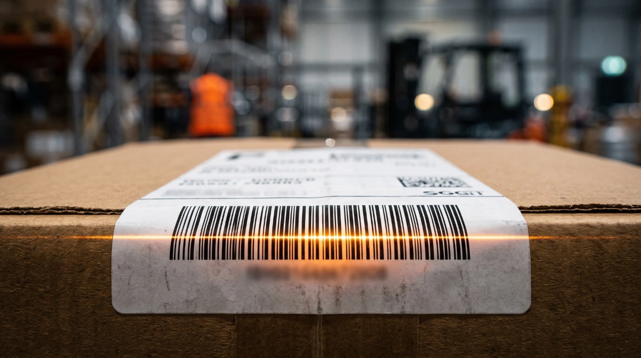 a warehouse package label being scanned