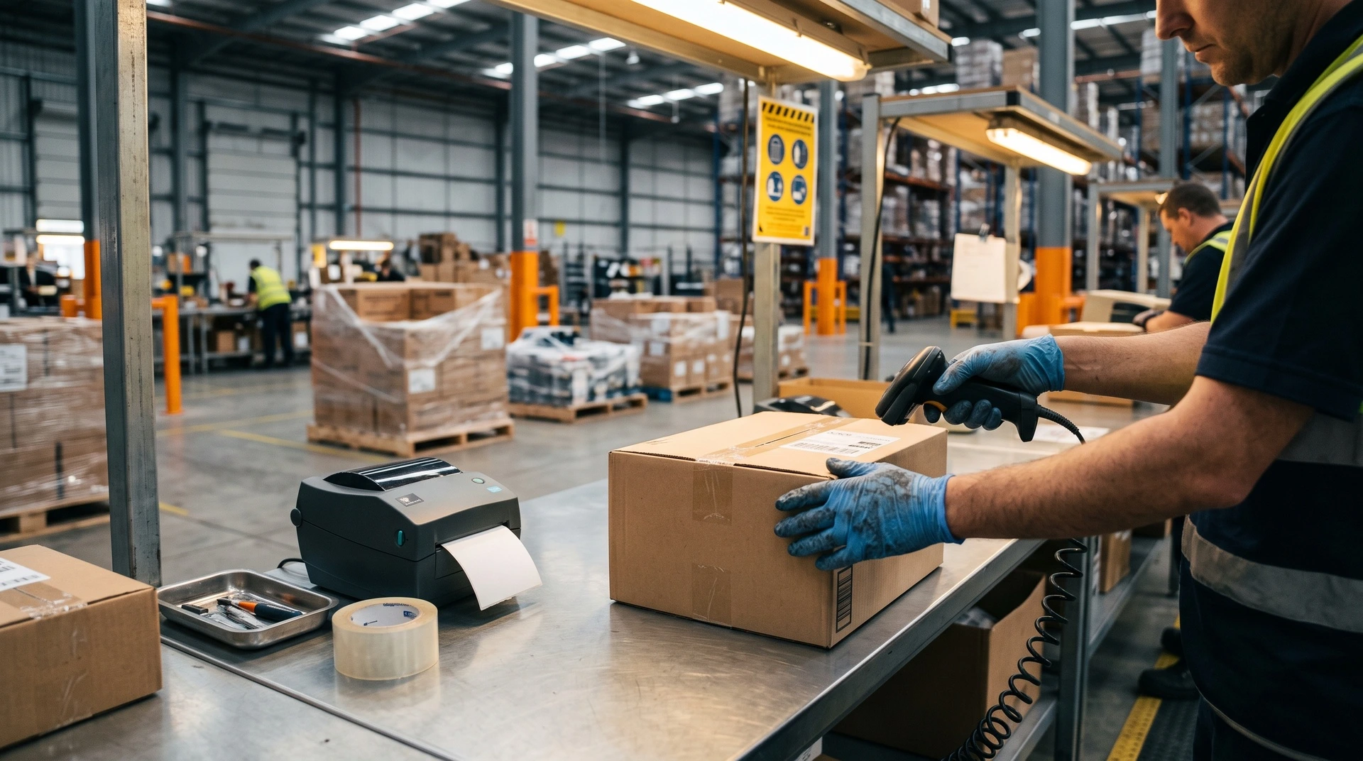 a warehouse worker completing a pack at a dispatch bench