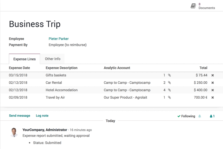 odoo expense management app displaying how to enter an expense and manage the approval process