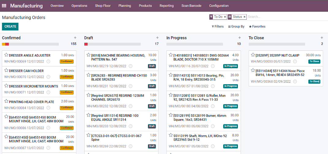 odoo screen showing the status of each job on the shop floor