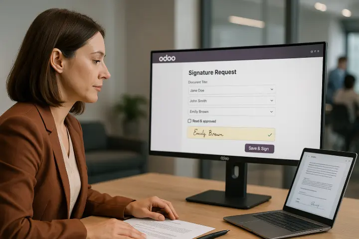 Sign App Reimagined Odoo’s revamped Sign module now supports multi-document envelopes, multiple signers, and custom field types like checkboxes and selection menus — all with a cleaner, faster user interface. /IMAGE Say goodbye to clunky signature processes. Imagine a service-based engineering company previously juggled PDFs and third-party tools to handle contract signatures. With Odoo 19’s upgraded Sign module, they onboard clients with templated agreements, multi-party fields, and automated notifications — reducing document turnaround times from 3 days to 30 minutes. •	Multi-document envelopes •	Clean UX for multiple signers •	Custom field types like checkboxes, dropdowns, and formatted text Ideal for HR, finance, legal, and client onboarding — all built into your ERP.