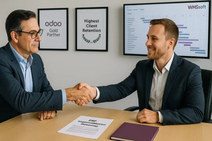 “Why WMSSoft Is Australia’s Trusted Odoo Leader” Case Scenario: A Melbourne-based FMCG company was struggling with disconnected systems across finance, warehousing, and eCommerce. After switching to WMSSoft, they received a tailored Fast Track Implementation plan, weekly executive dashboards, and hands-on support from a certified local team. Within 90 days, the business achieved full visibility across all departments — boosting decision-making and saving 15+ admin hours weekly.  Description: A confident business owner shakes hands with a WMSSoft consultant, sealing an ERP roadmap agreement. Behind them, certifications and accolades affirm WMSSoft’s unmatched retention rate, satisfaction levels, and credibility as Australia’s most trusted Odoo Enterprise partner.