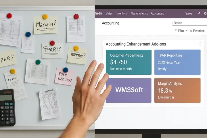 “Accounting Enhancement Add-ons — Built for Business” Case Scenario: An Adelaide metal fabrication company was drowning in manual reconciliations and inconsistent statements. WMSSoft deployed their Accounting Enhancement Add-ons suite, enabling live margin reporting, integrated prepayments, and TPAR compliance. Within weeks, the finance team had cut month-end processing by 60% and eliminated errors in contractor payments.  Description: A visual comparison between chaos and clarity — manual systems vs. WMSSoft’s sleek ERP dashboard. The transition is captured by a hand reaching toward automation, symbolising how the right tools can revolutionise back-office operations.