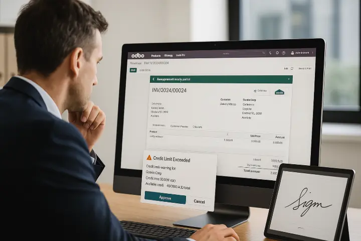 “Auto-Invoicing and Credit Control in Action” Case Scenario: A national distributor in Brisbane needed tighter controls over credit approvals and faster invoicing. WMSSoft implemented their Auto-Invoice on Delivery and Credit Limit Approval tools. Sales reps could now generate invoices the moment goods were delivered — with credit limits enforced by role-based thresholds. The company saw a 35% improvement in DSO (Days Sales Outstanding) within two months.  Description: On screen, an Odoo auto-generated invoice is posted while a credit approval warning ensures control — backed by a digital signature tool. This scene showcases a real-time, secure, and policy-driven finance workflow made possible by WMSSoft’s add-ons.