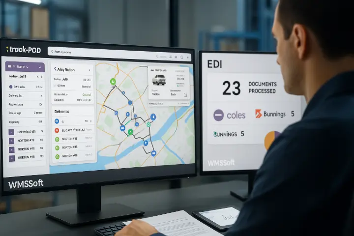 “Track-POD + EDI — Seamless Integration for Logistics” Case Scenario: A Sydney-based third-party logistics (3PL) company needed real-time visibility into deliveries and automated communications with national retailers. WMSSoft implemented a Track-POD integration and a custom EDI connector — enabling seamless proof-of-delivery and error-free invoice submission to Coles and Bunnings. The result: faster payments, fewer chargebacks, and happier clients.  Description: A sleek logistics control room displays Track-POD routing, live vehicle data, and EDI flows to major retail systems. This image demonstrates how WMSSoft bridges field and office with seamless, real-time logistics integration.