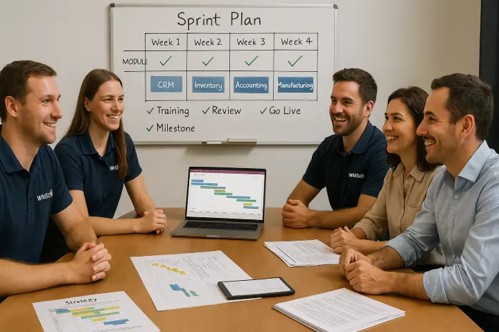 The WMSSoft Fast Track Promise” Case Scenario: A growing manufacturing business in regional Victoria needed an ERP to support scaling production, quoting, and purchasing. WMSSoft applied their 200+ hour Fast Track methodology — with scoped modules, training sprints, and milestone reviews. They launched on time and under budget with automated MRP, BOM costing, and consolidated invoicing.  Description: A whiteboard sprint plan, strategy documents, and an energised project team reflect the discipline behind WMSSoft’s Fast Track ERP Implementation. Every hour is accounted for — and every milestone is designed for success.