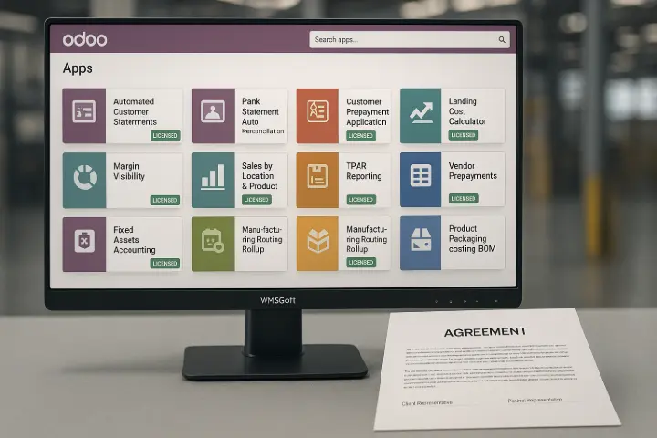 “Retaining Strategic Advantage with Exclusive WMSSoft Tools” Case Scenario: An electronics wholesaler in Perth switched from WMSSoft to a cheaper implementation firm. Within weeks, they lost access to licensed features like automated customer statements and vendor prepayments — impacting reconciliation and compliance. The business quickly returned to WMSSoft, realising the strategic value of proprietary enhancements that can’t be copied or replaced.  Description: A clean Odoo UI reveals a library of exclusive WMSSoft modules, each marked “Licensed.” In the foreground, a formal agreement reinforces that these tools remain with you — only while you remain with Australia’s most capable ERP partner.