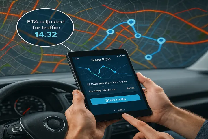 1. Route Optimisation with Live Data Using smart algorithms, Track-POD automatically plans optimal routes based on delivery windows, vehicle capacity, and real-time traffic conditions—reducing fuel costs and improving efficiency.  ​  Smart route planning minimises fuel costs and improves delivery speed using real-time data.  Imagine Coastal Supplies, a Queensland-based wholesaler, was spending hours manually planning delivery routes. After implementing Track-POD with WMSSoft’s Odoo integration, the system began automatically adjusting for traffic and load constraints—reducing delivery delays by 32% within 60 days.