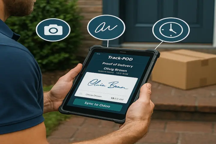 2. Electronic Proof of Delivery (ePOD) Capture digital signatures, photos, and timestamps at delivery points. Instantly sync this data with Odoo Sales or Inventory for bulletproof accountability and faster billing.      Capture digital signatures, photos, and timestamps—synced instantly with your ERP. Imagine Allworld Manufacturing faced frequent delivery disputes on returned goods. With ePOD now digitised, each delivery is confirmed with a photo, timestamp, and signature—automatically logged in Odoo—reducing customer service calls by half and eliminating false claims.