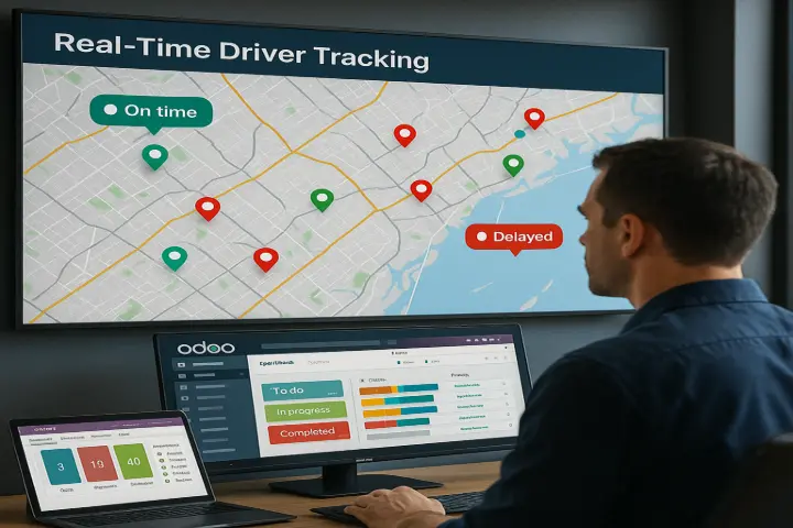3. Real-Time Driver Tracking View every vehicle on a live map and track delivery statuses from inside your Odoo dashboard. This end-to-end visibility helps customer service respond faster and improves OTIF (On-Time, In-Full) performance.     Live fleet tracking provides instant visibility and improves operational control.  Imagine a Metal Fabricator in Maryborough struggled to answer urgent client queries on delivery ETA. Now, their team monitors every delivery live inside Odoo. A recent critical order for a mining project was rerouted in real time after a road closure, arriving ahead of deadline.