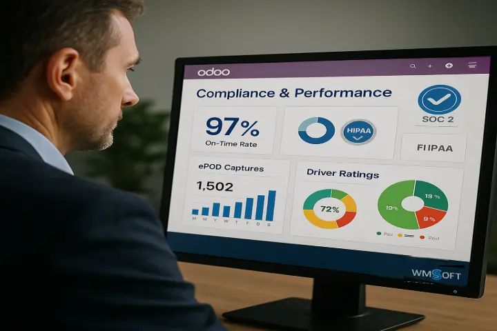 6. Compliance & Performance Dashboards With SOC 2 Type II certification and HIPAA compliance, Track-POD meets the highest data security standards. Add custom WMSSoft dashboards in Odoo to monitor driver performance, delivery accuracy, and fleet utilisation.     Track performance KPIs and meet compliance standards with secure, visual dashboards.  Regional Freight Group needed to meet stringent delivery KPIs for a major government contract. With WMSSoft’s customised dashboard in Odoo, they now track on-time rates, driver scores, and ePOD captures daily—helping retain the contract and gain ISO compliance.