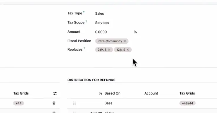 odoo screen showing the newly revamped tax screen which allows fiscal posiitons to be added easily